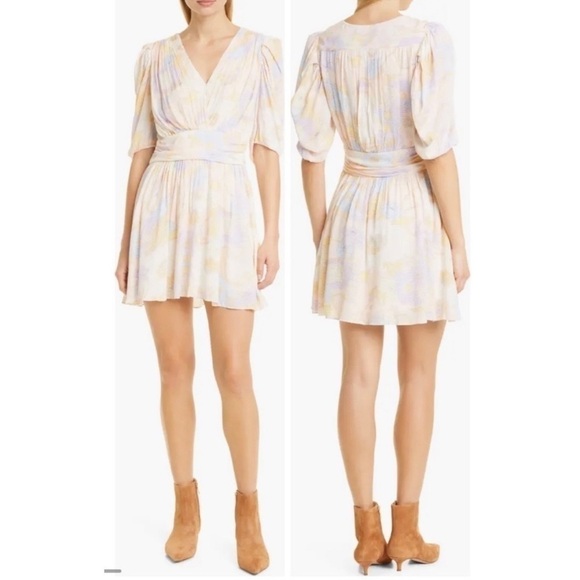 BA&SH Noam Dress Pastel Floral Short Sleeve Faux Wrap Mini Swing Dress Size Med - Picture 5 of 10